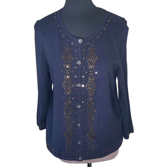 Alfred Dunner Navy Blue Cardigan Sweater Amber Beading Petite Size PM - Picture 1 of 16